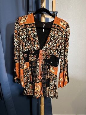 Free People Boho Floral Tie-Front Women’s Dress - Orange and Black